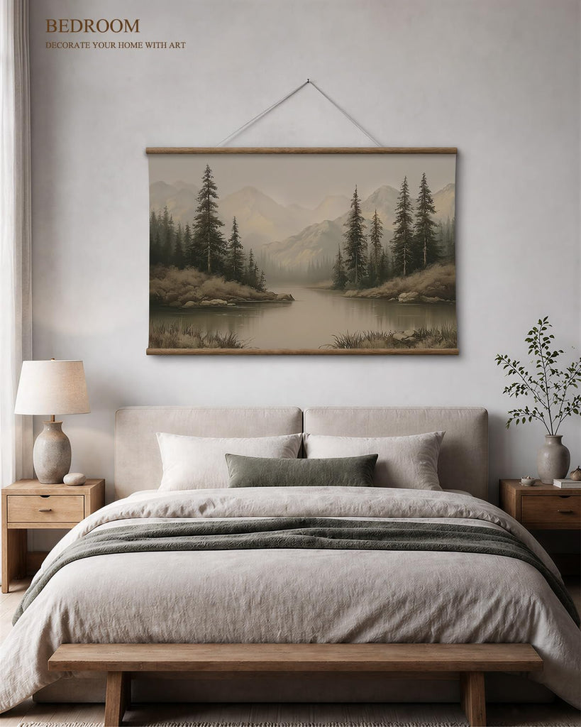 Extra Large Framed Wall Art, Mountain Lake Forest Print, 36x54In