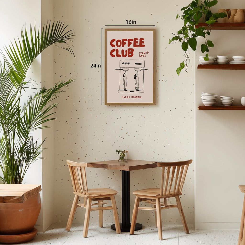 Wood Framed Funny Coffee Wall Art, Coffee Club Kitchen Wall Decor, Minimalist Line Drawing Coffee Bar Poster Print