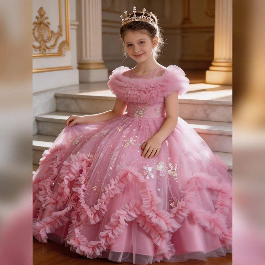 Flower Girl Dress Ruffle Butterfly Embroidery Princess Dress Tiered Tulle Wedding Party Birthday Ball Gown