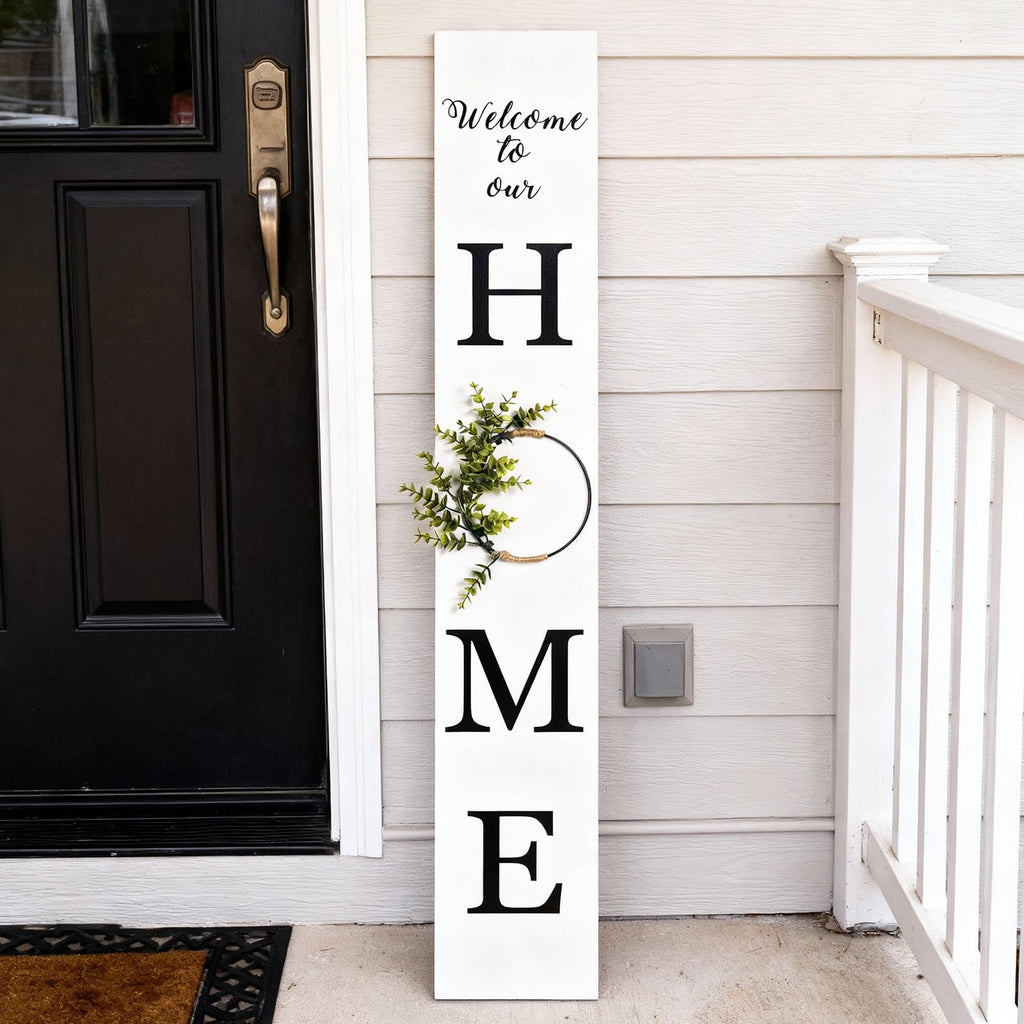 47.2" H Welcome to Our Home Sign with 3D Wreath (No Splicing), Large Wooden Welcome Sign Porch Front Door Standing