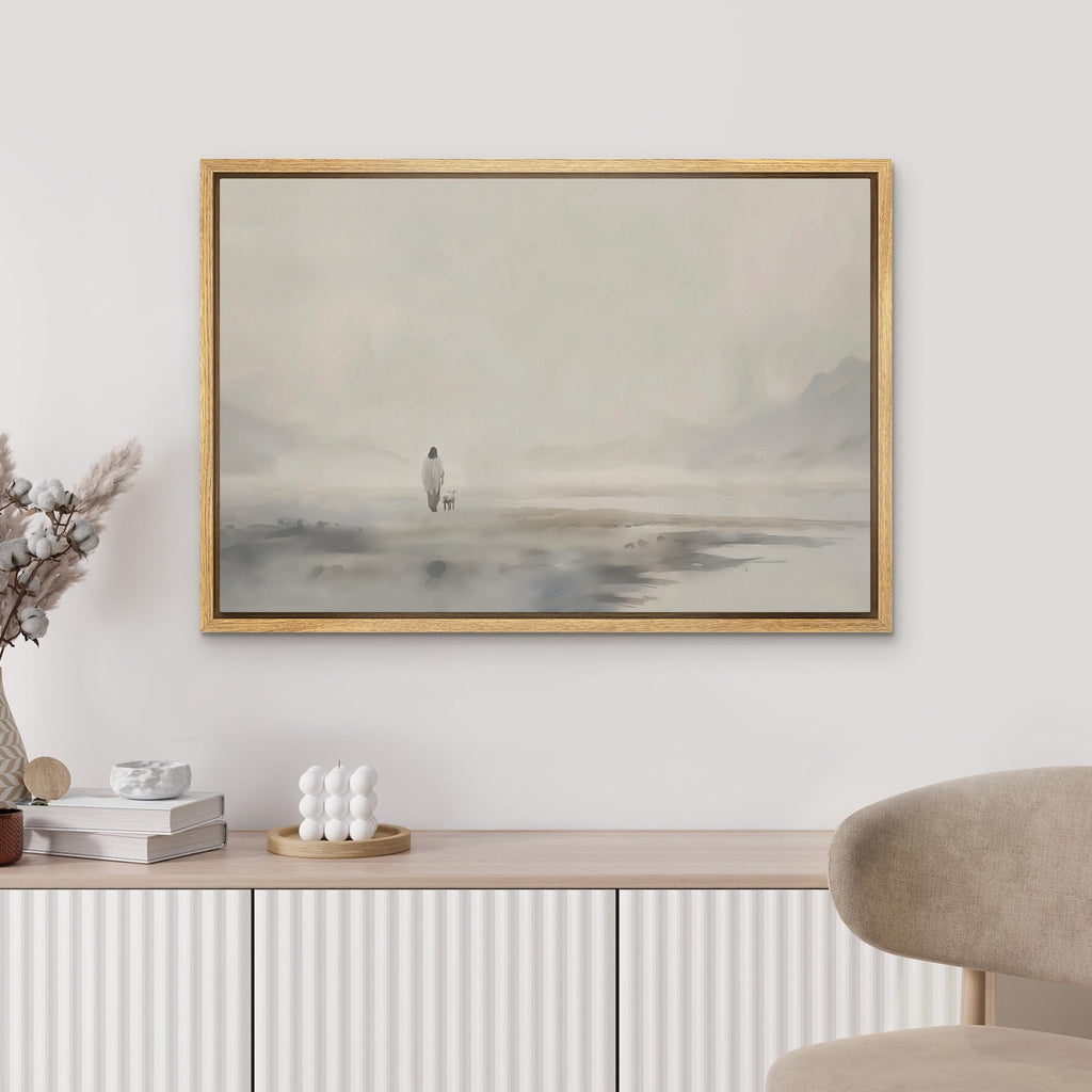 Framed Canvas Print Wall Art Solitary Figure in Mist Ethereal Monochrome Landscape Illustrations Fine Art Decorative