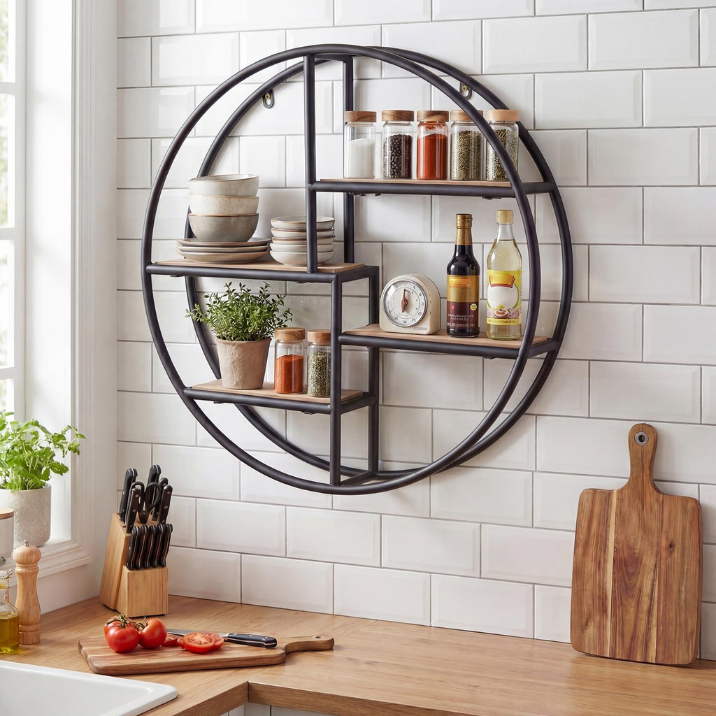 Industrial Style Round Wall Shelf with 4-Tier Storage Shelves