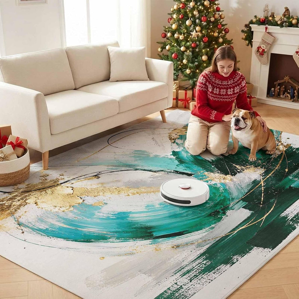 Green Gold Waves Rectangle Area Rug Modern Abstract Minimalist Art Lines Brushstroke Washable Indoor Carpet, Non‐Slip