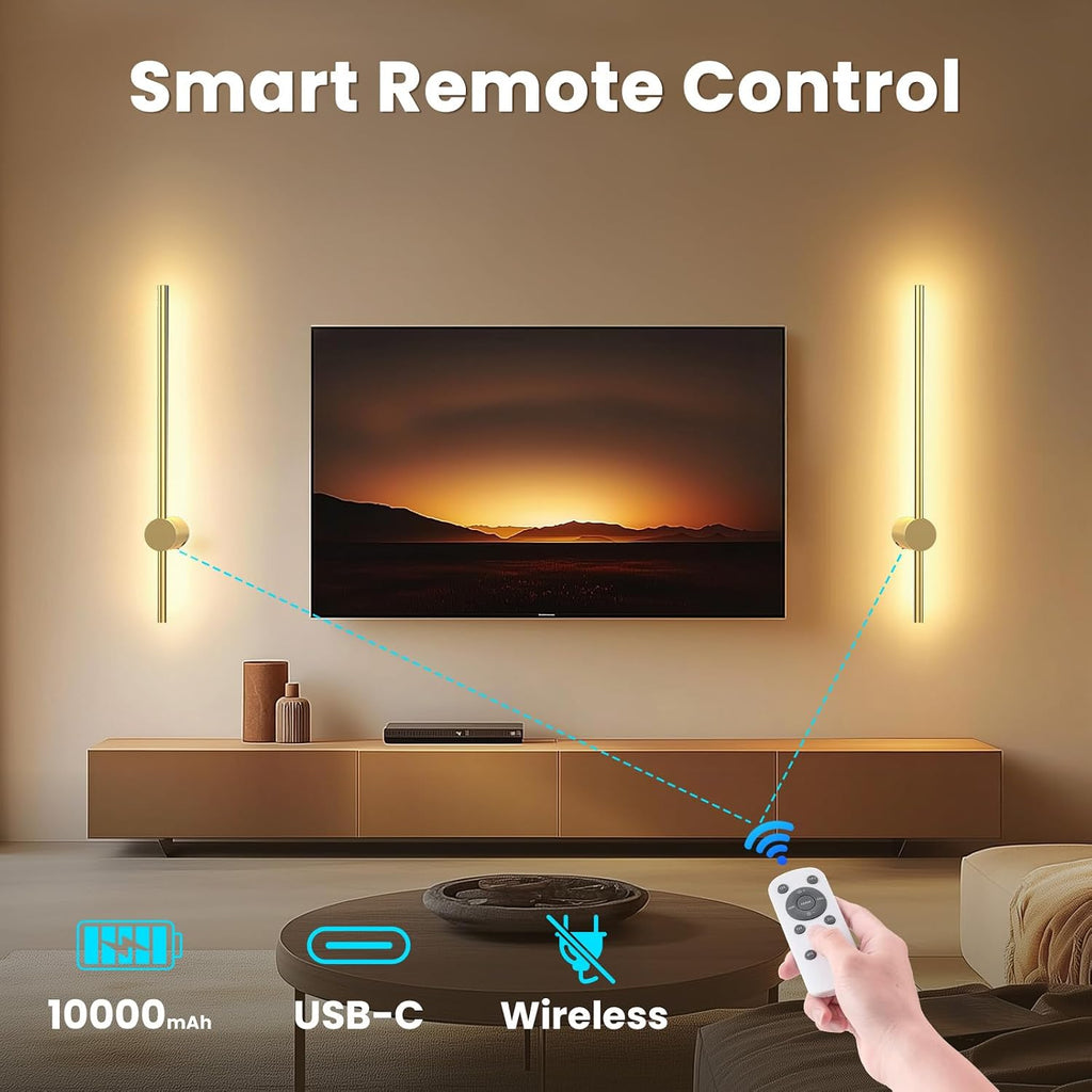 24 Inch Battery Operated Wall Sconce Set of 2,Gold Minimalist Rechargeable LED Wall Lights with Remote, 10 Colors