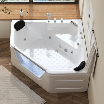 Acrylic Bath Tub with 6 Jetters | Hydromassage SPA Tub for 2 People | 59" Corner Jetted Bathtub with Waterproof