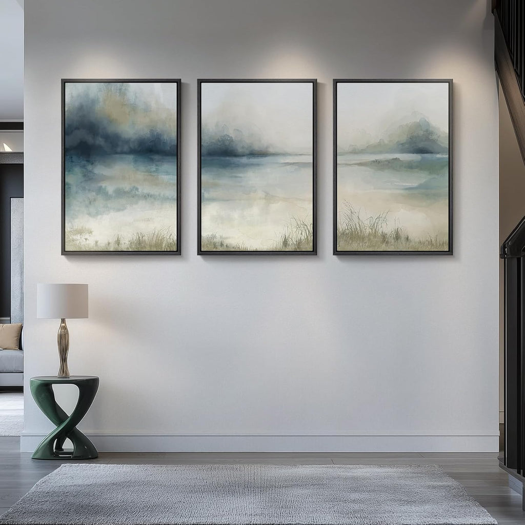 Large Framed Abstract Nature Landscape Wall Art , 3 Piece Blue Watercolor Canvas Prints Paintings Artwork for Walls
