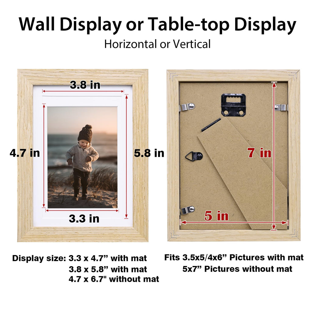 5x7 Picture Frame Natural, Solid Wood Frames with Acrylic Plexiglass for Pictures 3.5x5/4x6 with Mat or 5x7 without