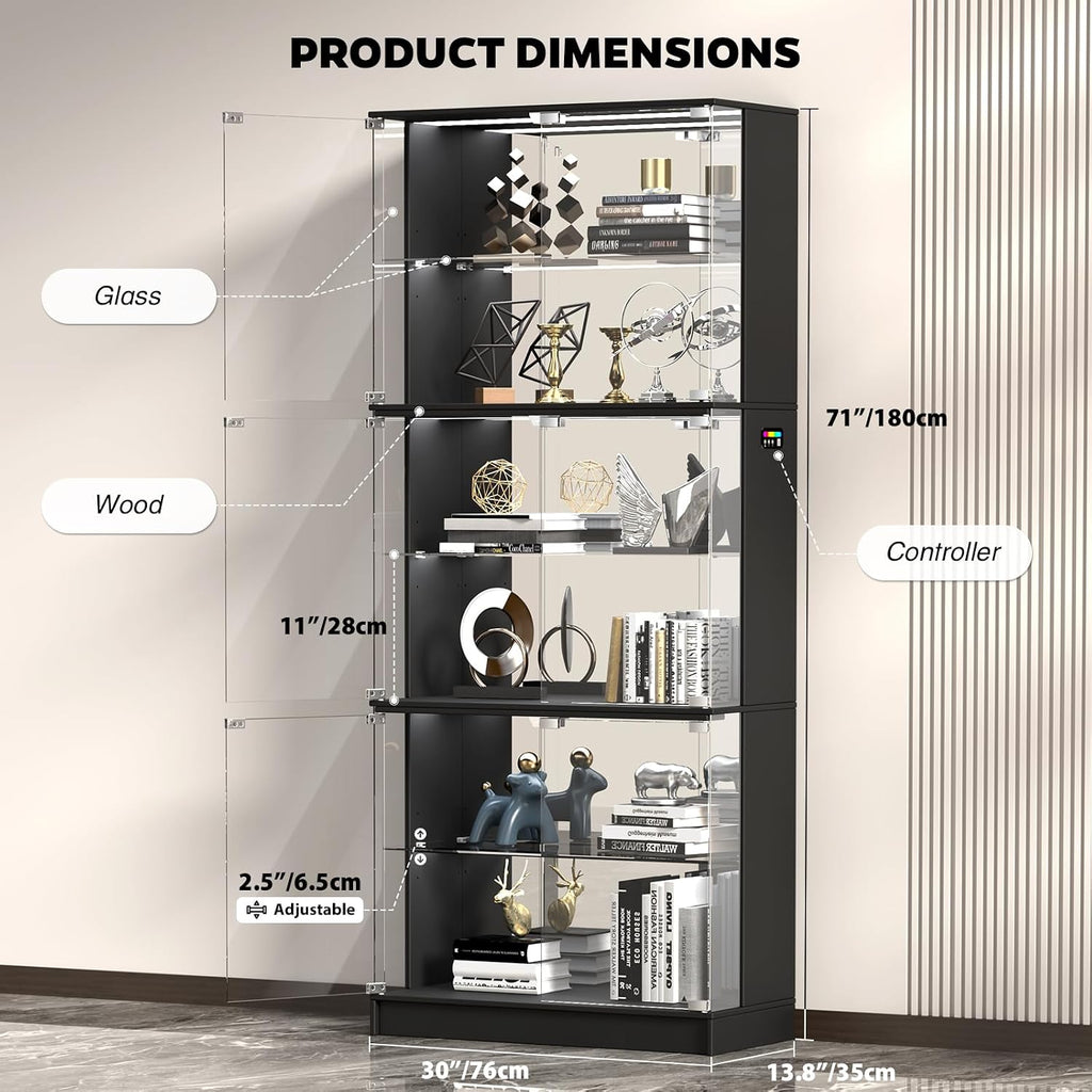 Display Cabinet with Glass Doors, 6-Tier 71'' Tall Curio Cabinet with RGB Lights for Collectibles, Display Case with