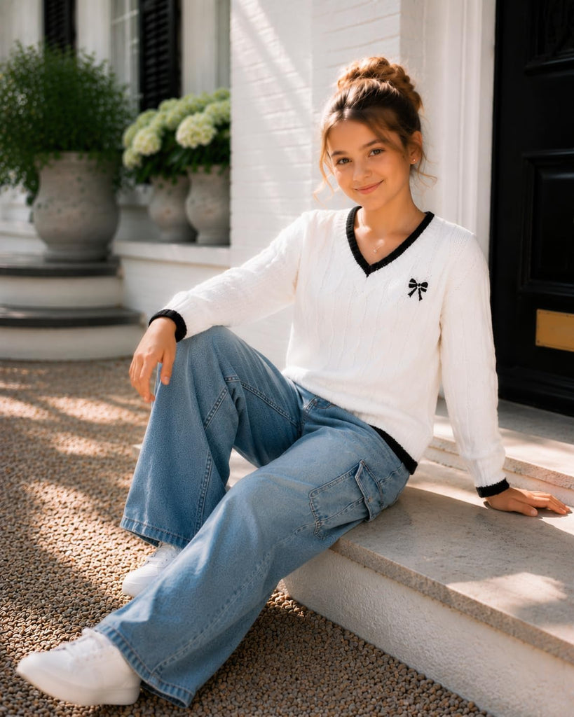 Cable Knit Sweater V Neck Pullover Sweaters Long Sleeve Preppy Fall Winter Clothes