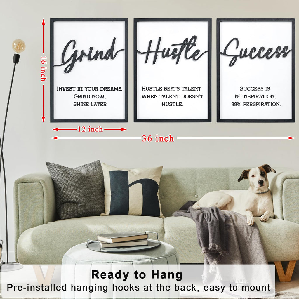 3D Wood Inspirational Office Wall Decor, 36" x 16" Framed Grind Hustle Success Motivational Wall Art, Positive Quotes