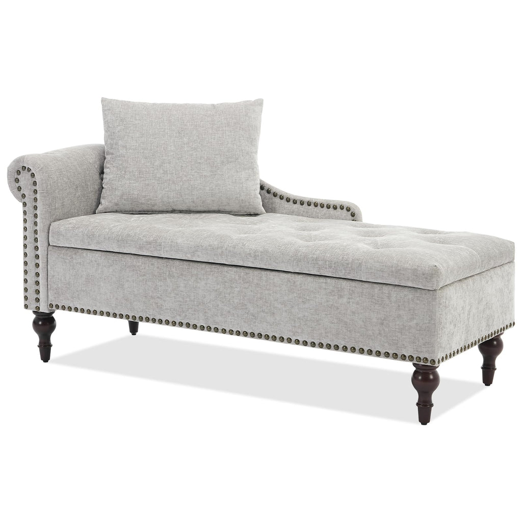 Velvet Chaise Lounge with Storage & Left Armrest, Gray