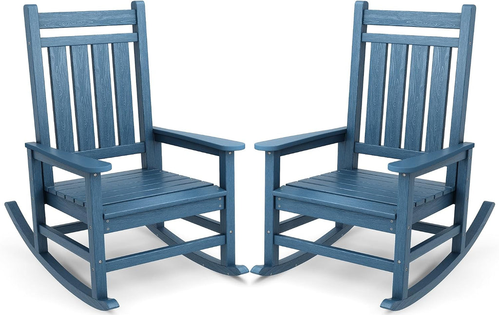 Outdoor Rocking Chair Set of 2, HDPE Rocker for Adults, Blue | 21.1" Widened Seat adds Extra Comfort, Oversized