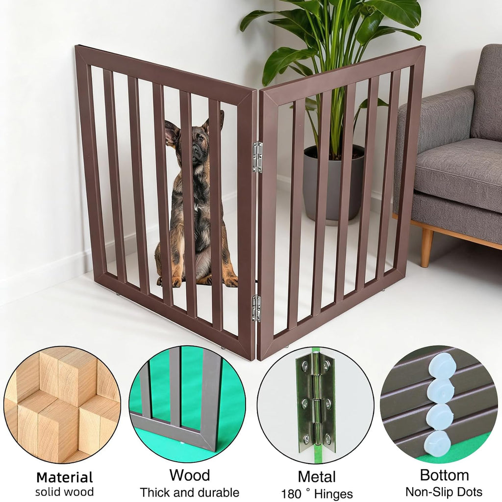 Freestanding Indoor Dog Gate Foldable Wood Brown Puppy Gate for Doorways Pet Gate for Stairs Extra Wide Pet Fence 24"