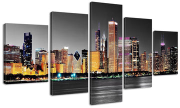 Chicago Skyline Wall Black and White Night View Canvas 60"W×32"H