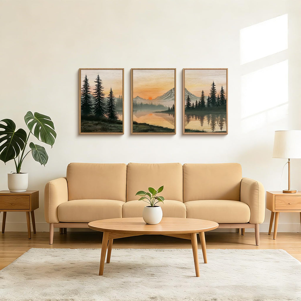 Nature Mountain Sunset Framed Canvas Wall Art, Boho Pine Trees Wall Decor, Sunset Forest Lake Painting, Modern Landscape