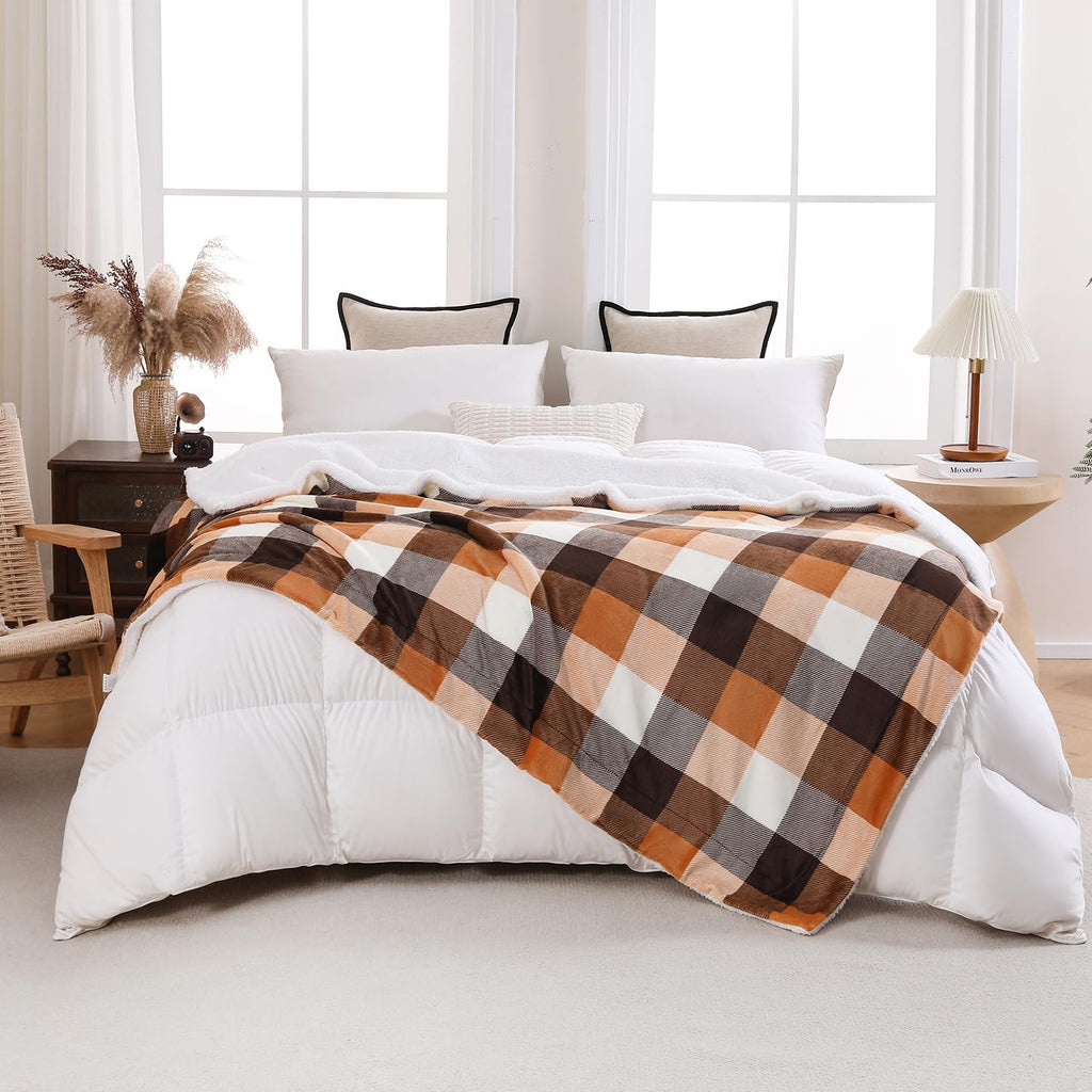Buffalo Plaid Sherpa Fleece Throw Blanket, 60 x 80 inches, Orange