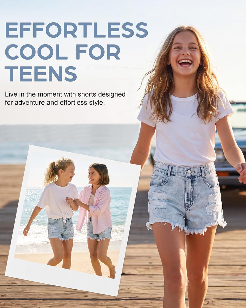 Girls Ripped Jean Shorts Elastic Mid Waist Denim Shorts