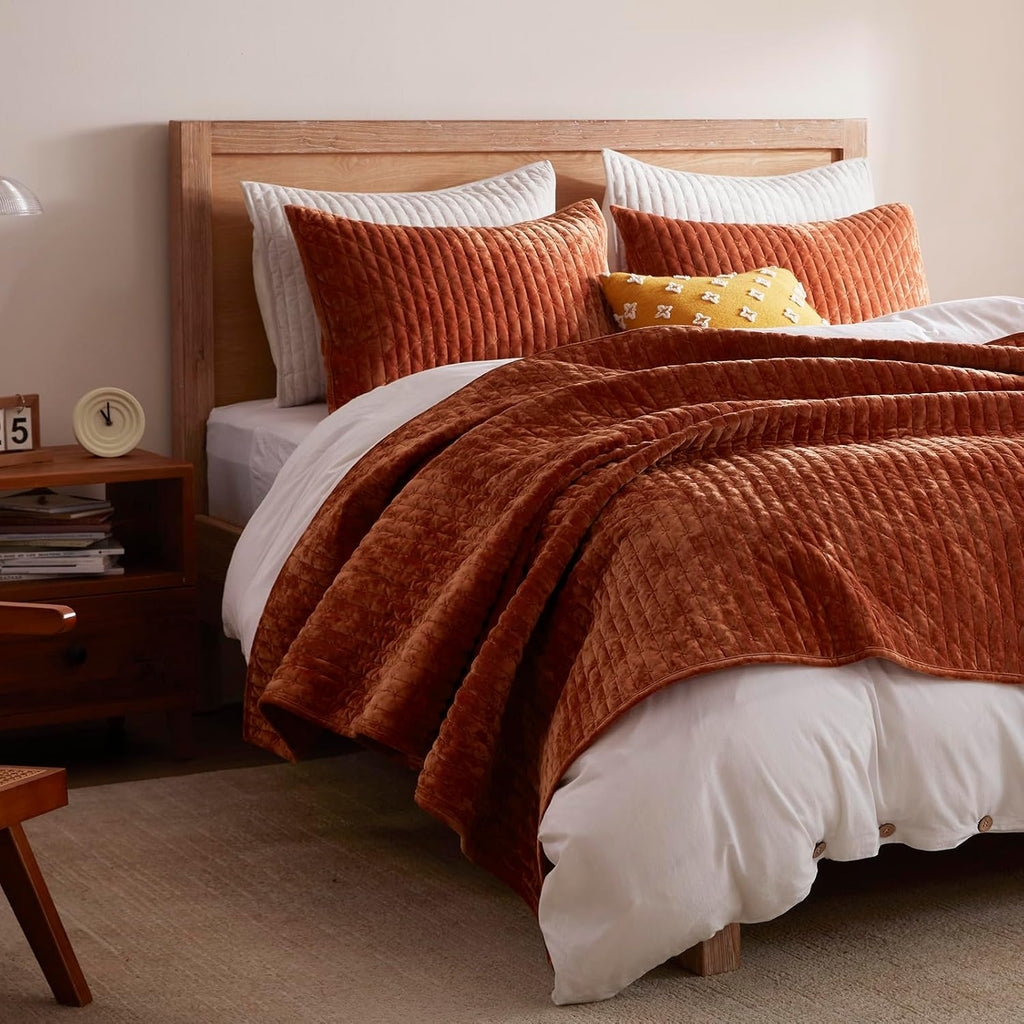 Velvet Quilt King 98''x106'', Lightweight Burnt Orange Velvet Comforter Set with 2 Matching Shams, Soft Cross Stitch