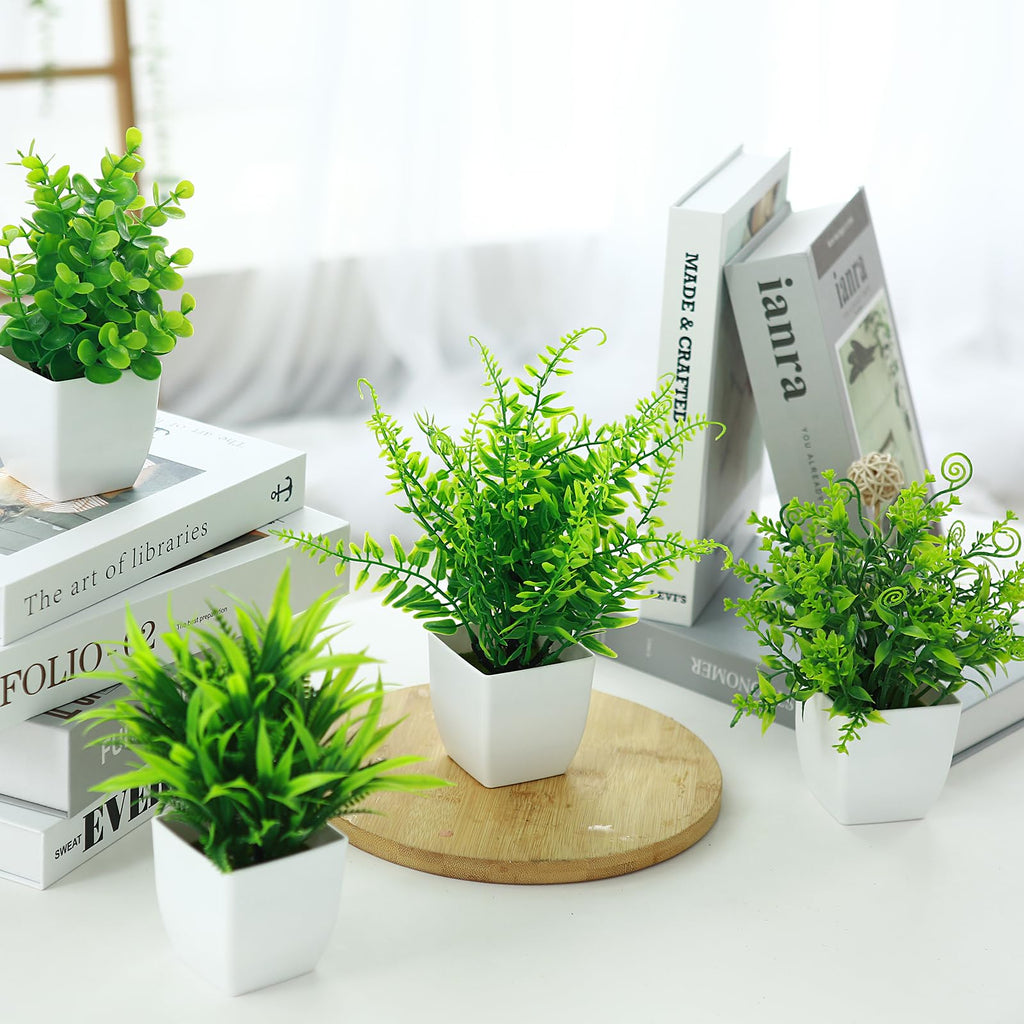 4 Pcs Fake Plants in White Pot Potted Small Artificial Plant