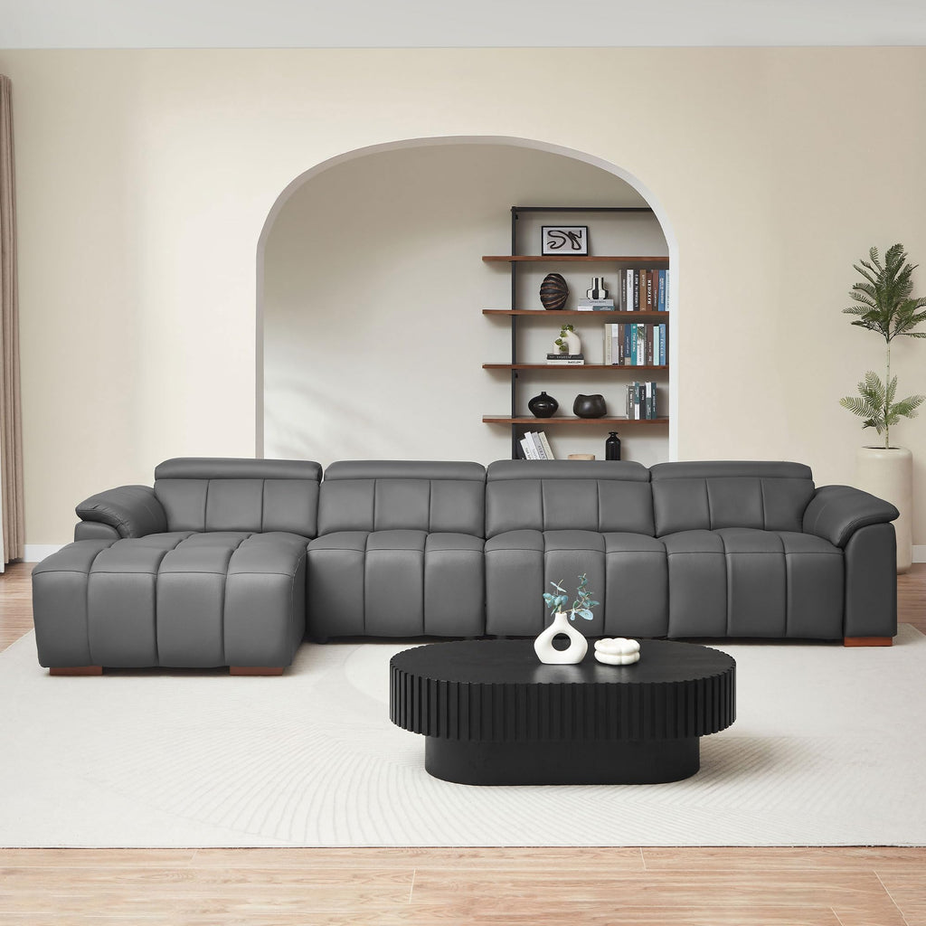 Modern 4-Seat Wall-Hugger L-Shaped Electric Recliner Sofa in Genuine Leather with USB, Headrest & Footrest, or Office