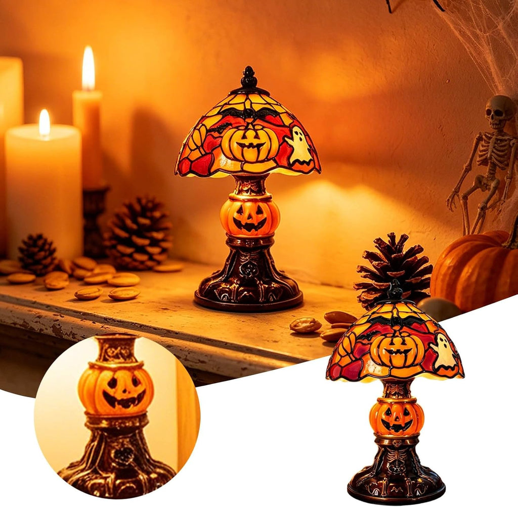 Halloween Handcrafted Ghost Stained Glass Night Light - Gothic Resin Bat & Pumpkin Glow Lamp, Retro Decorative Table