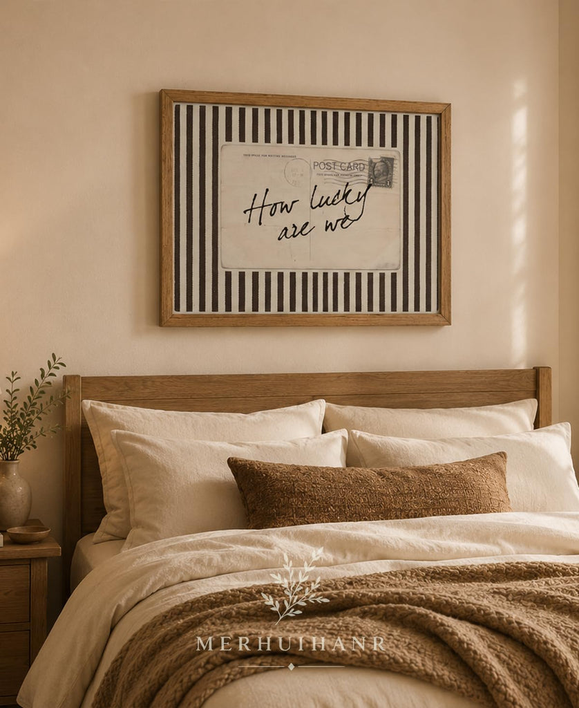 How Lucky Are We Wall Art, Wood Framed Postcard Poster with Positive Quote, Western, Old Money Brown Striped Decor