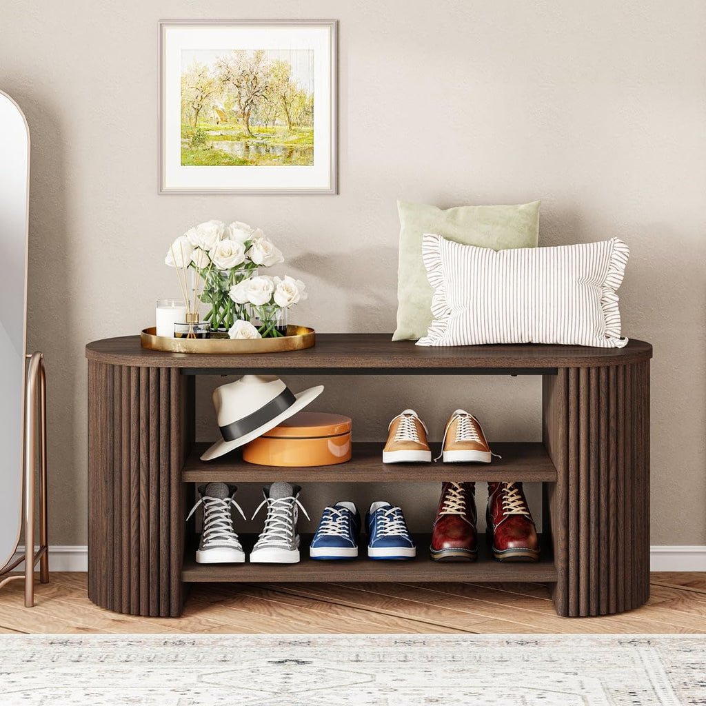 Shoe Storage Bench, Oval Fluted Entryway Bench with 5-Position Adjustable Shelf, Modern Mid-Century Wood Benches