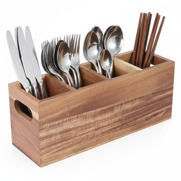 Silverware Holder,Acacia Wood Utensil Holder for Countertop,4 Compartment Silverware Caddy Organizer,Large Silverware