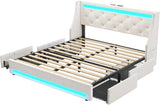 Queen Bed Frame with LED Lights and Charging Station, Upholstered Bed with Drawers, Wooden Slats, Noise Free
