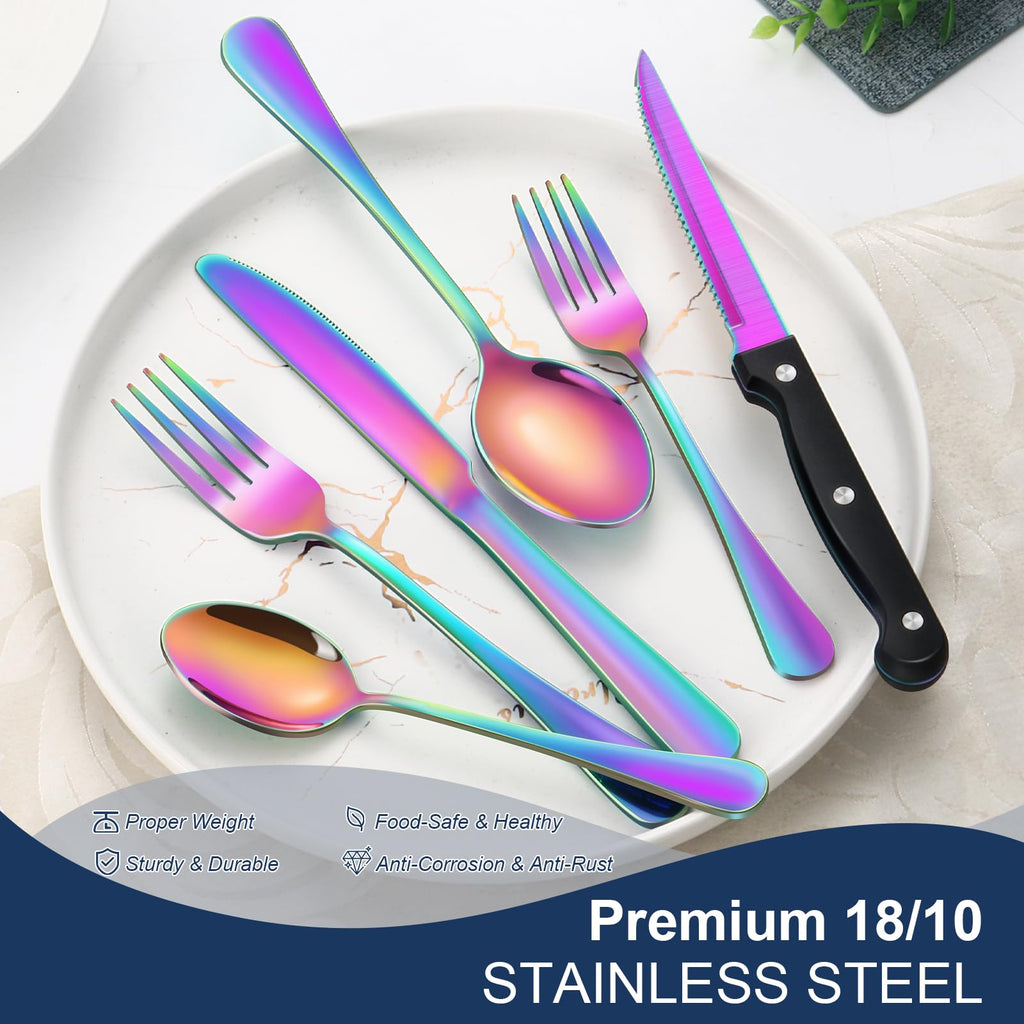 24-Piece Rainbow Silverware Set with Steak Knives Stainless Steel Flatware Set for 4 Food Grade Tableware Cutlery Set