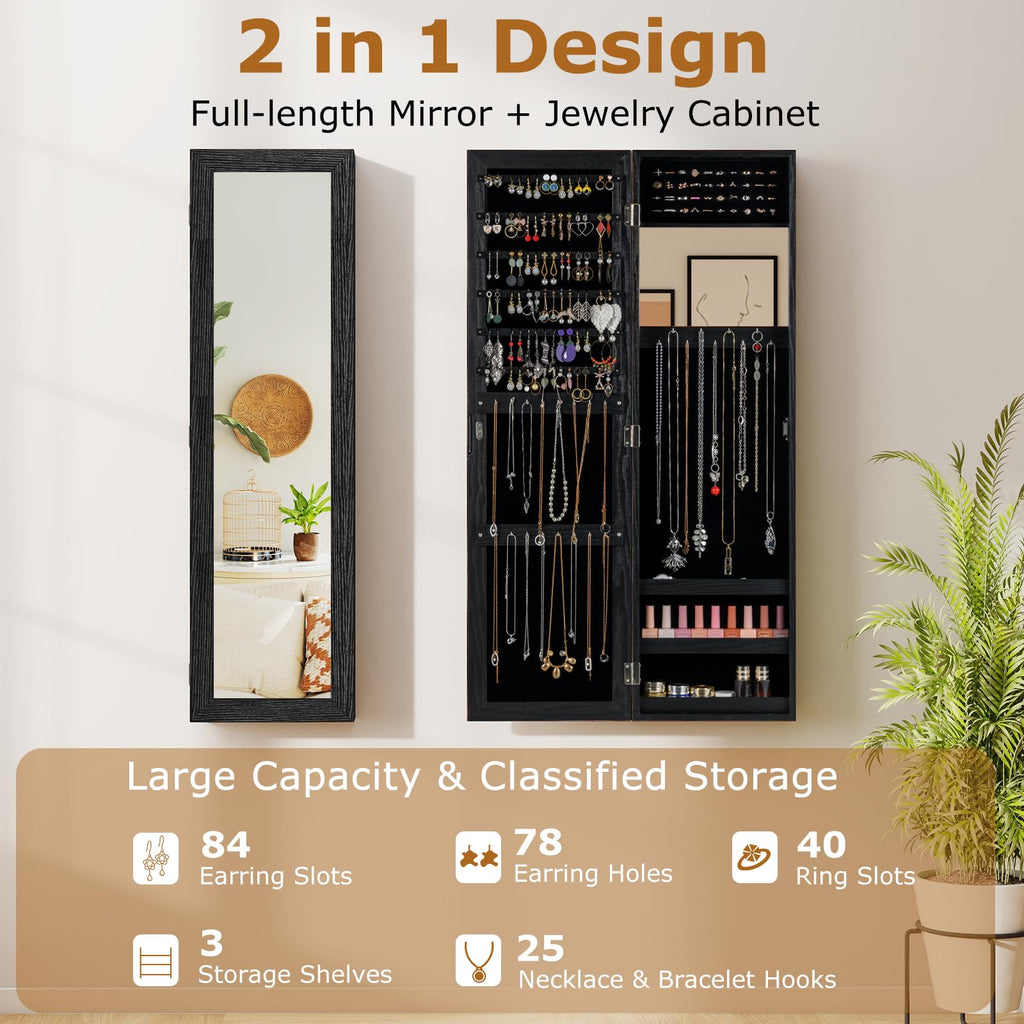 Full Length Mirror Jewelry Cabinet, Wall Door Mounted Jewelry Organizer with Makeup Mirror, Ring Slots & Necklace