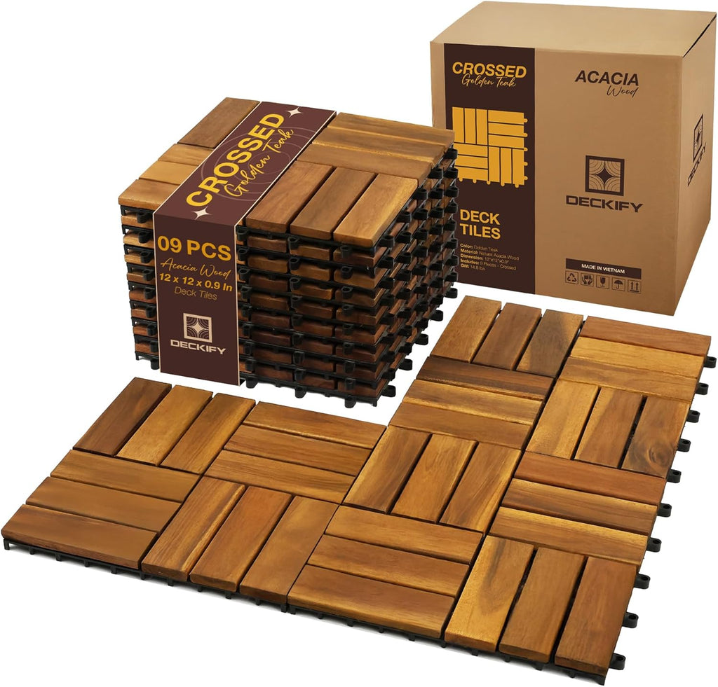 9Pcs Acacia Wood Interlocking Patio Deck Tiles, 12 x 12 x 0.9 Inch Outdoor Flooring, Waterproof for All-Weather Use