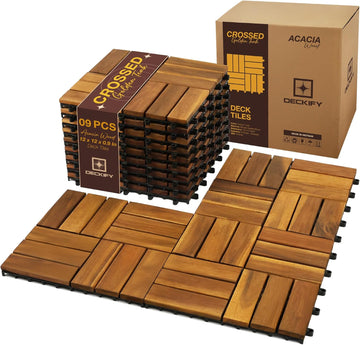 9Pcs Acacia Wood Interlocking Patio Deck Tiles, 12 x 12 x 0.9 Inch Outdoor Flooring, Waterproof for All-Weather Use
