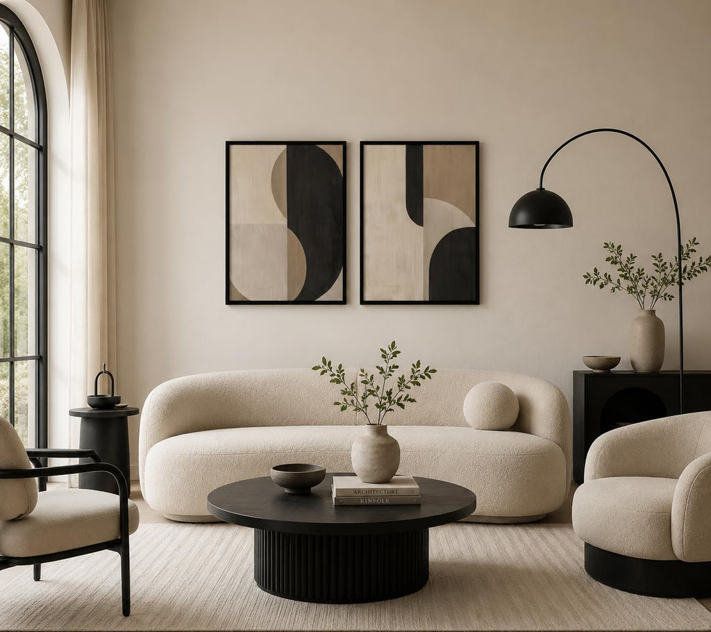 Framed Abstract Geometric Wall Art Beige Black Modern Canvas Print Modern Painting Poster Picture Gallery Artwork