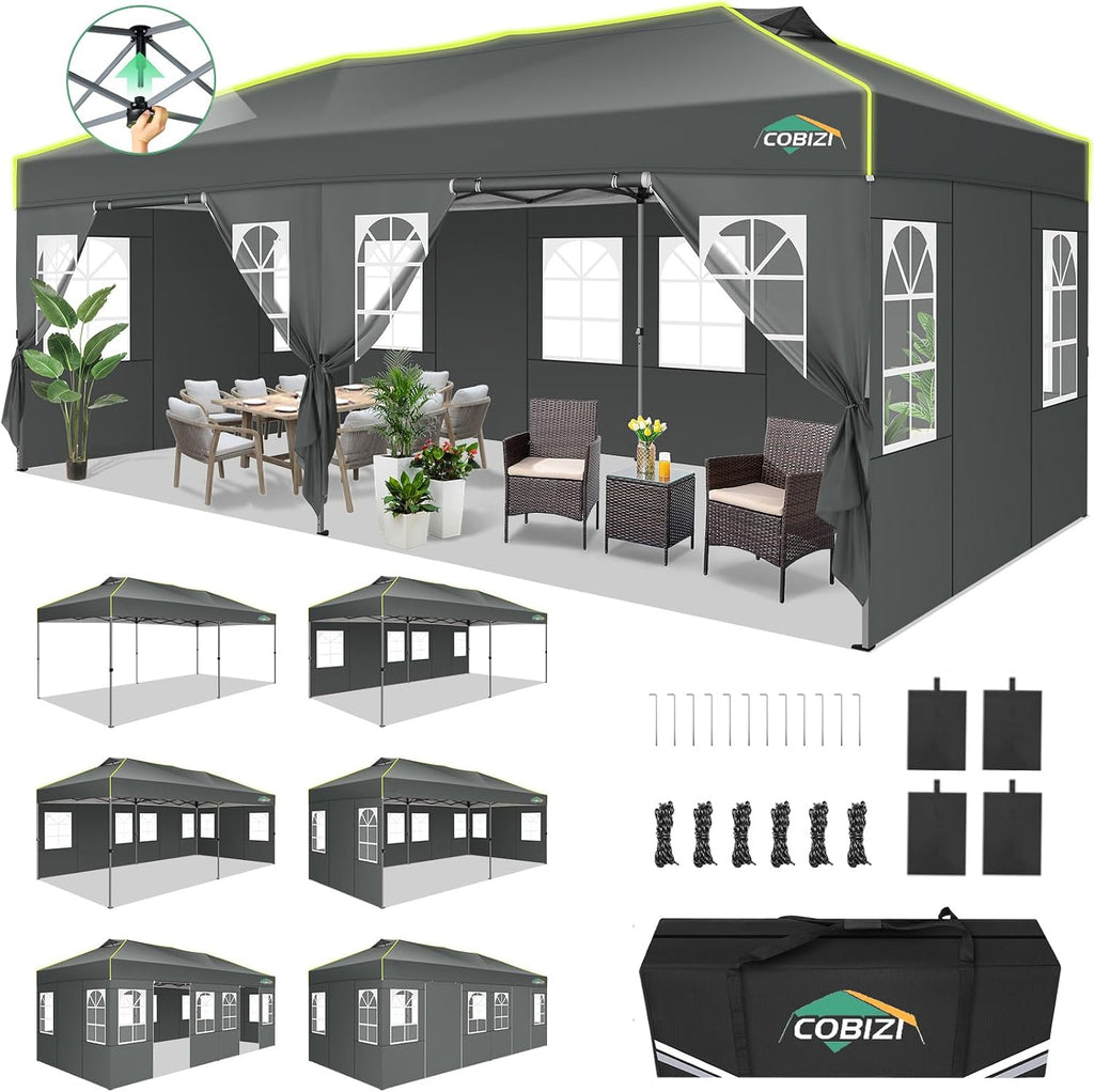 10x20 Pop Up Canopy Tent with 6 Removable Sidewalls, Outdoor, Gray | One-Push Setup, Air Vent, 3 Adjustable Heights