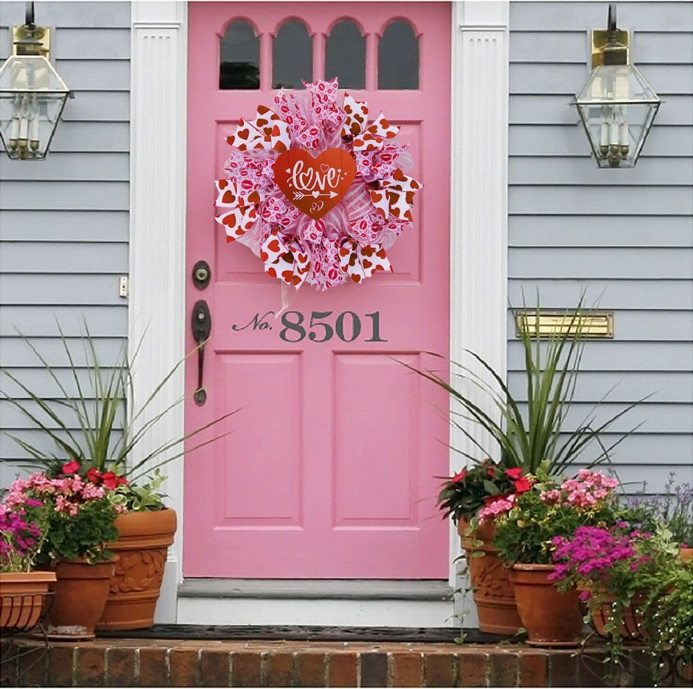 Valentine's Day Heart Wreath - 18in, Red & Pink Bow, Outdoor/Indoor Decor