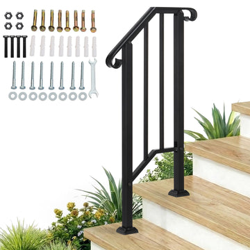 Handrails for Outdoor Steps, Black Wrought Iron Fits 1 Step