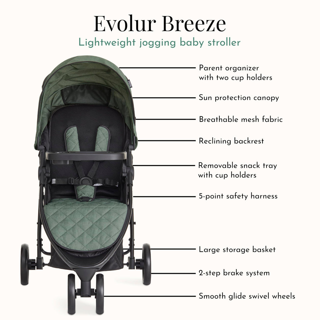 Breeze Stroller in Green, Adjustable Backrest & Canopy, Compact Fold Lightweight Baby/Toddler Stroller with Storage