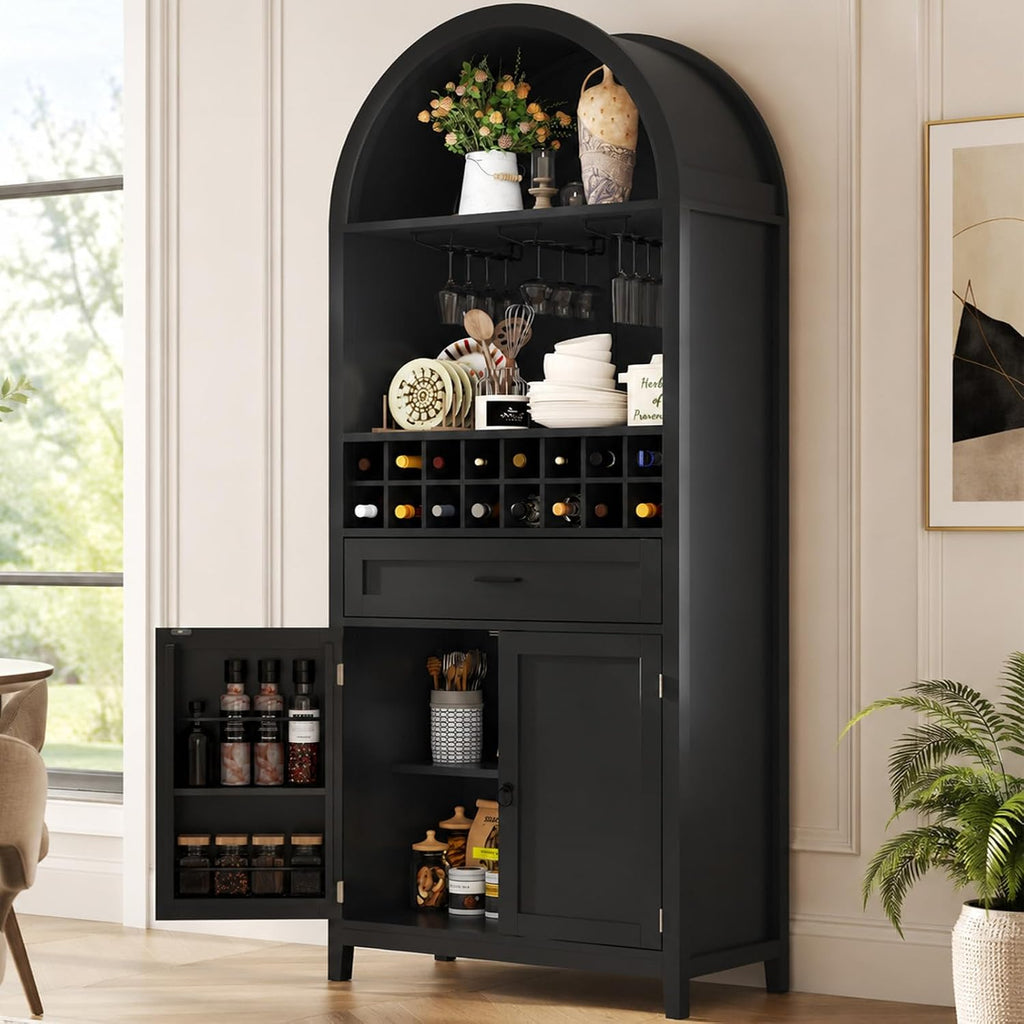 76" Arched Wine Bar Cabinet with Drawer, Glass Holders & Wine Rack | Modern Liquor Bars Cabinet W/Drawer & Shelves