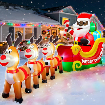 12 Ft Long Christmas Inflatable Black Santa Rides in a Sleigh Pulled by Three Reindeer with Gift Box, African