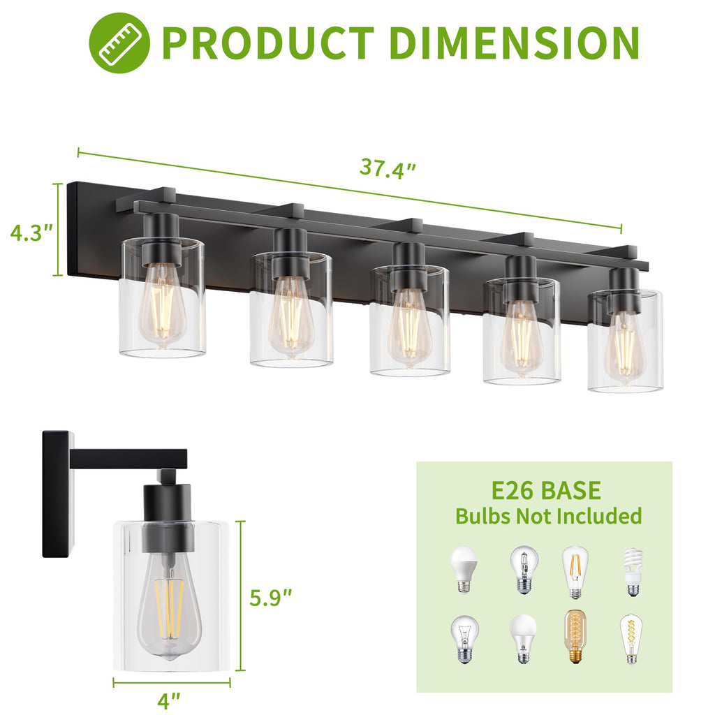 5-Light 37inch Matte Black Vanity Light, Thickened Clear Glass