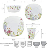 Wildflower Garden Dinnerware Set, 16-Piece Bone China Dishes Service for 4, Square Plates and Bowls Set with Mugs