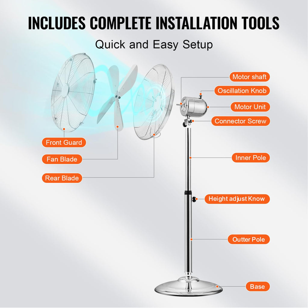 Industrial Pedestal Fan, 16 Inch 75-Degree Oscillating Fan, Height Adjustable Standing Fans with 3 Adjustable Speeds