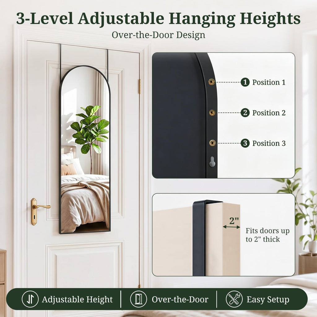 47"x14" Arched Full Length Mirror, Wall Mounted/Over the Door, Black
