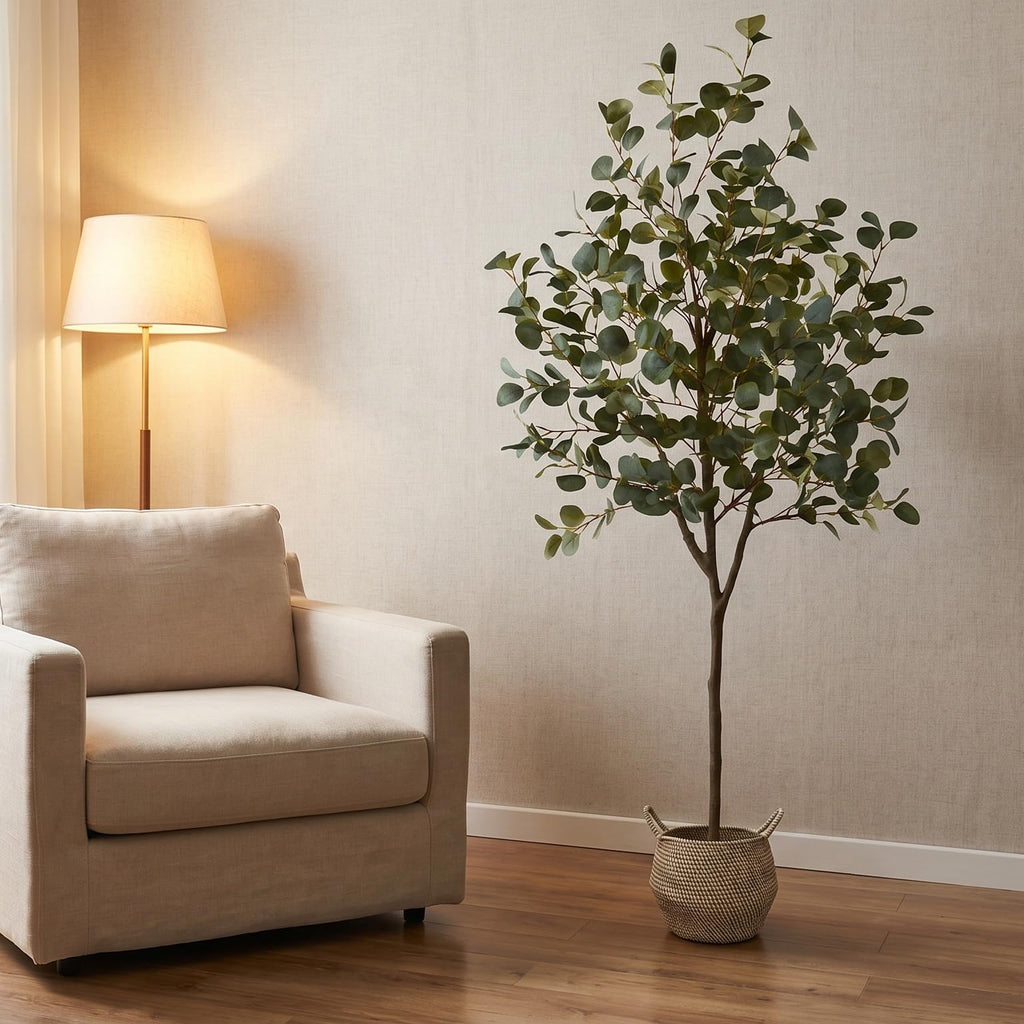 Artificial Eucalyptus Tree 6ft Fake Plant with Woven Basket