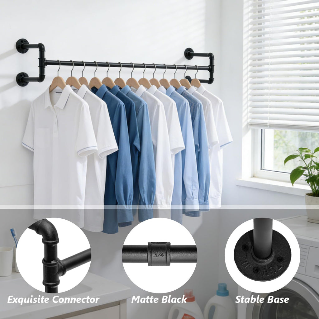 Industrial Pipe Clothing Rack, 53.1 Inch Wall Mounted Clothes Rack, Space-Saving Detachable Heavy Duty Garment Rack