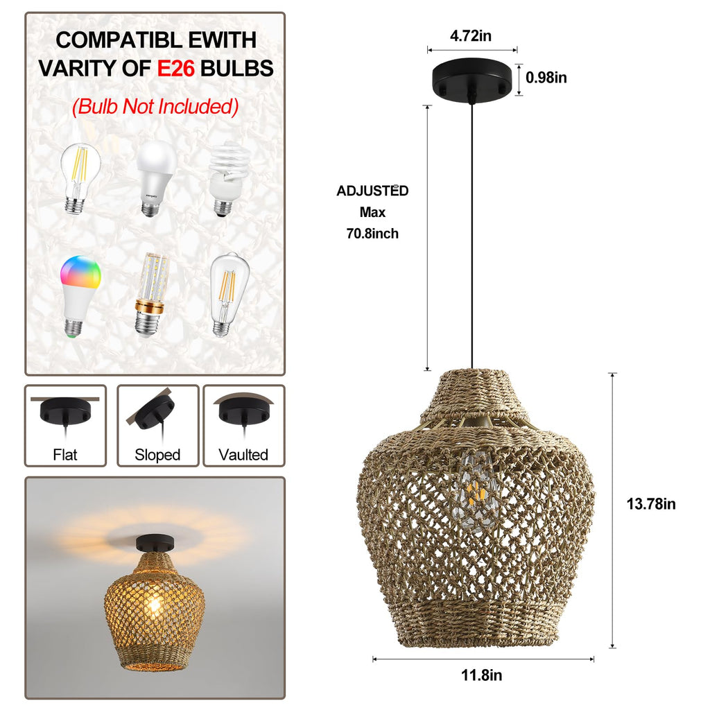 Rattan Pendant Light 11.8" Seagrass Hanging Light 2-Pack