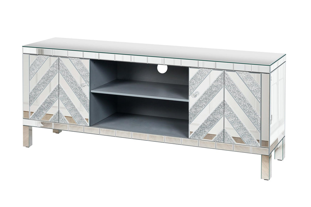 Mirrored TV Stand with Open Storage & 2 Cabinets, for 65+ Inch TV