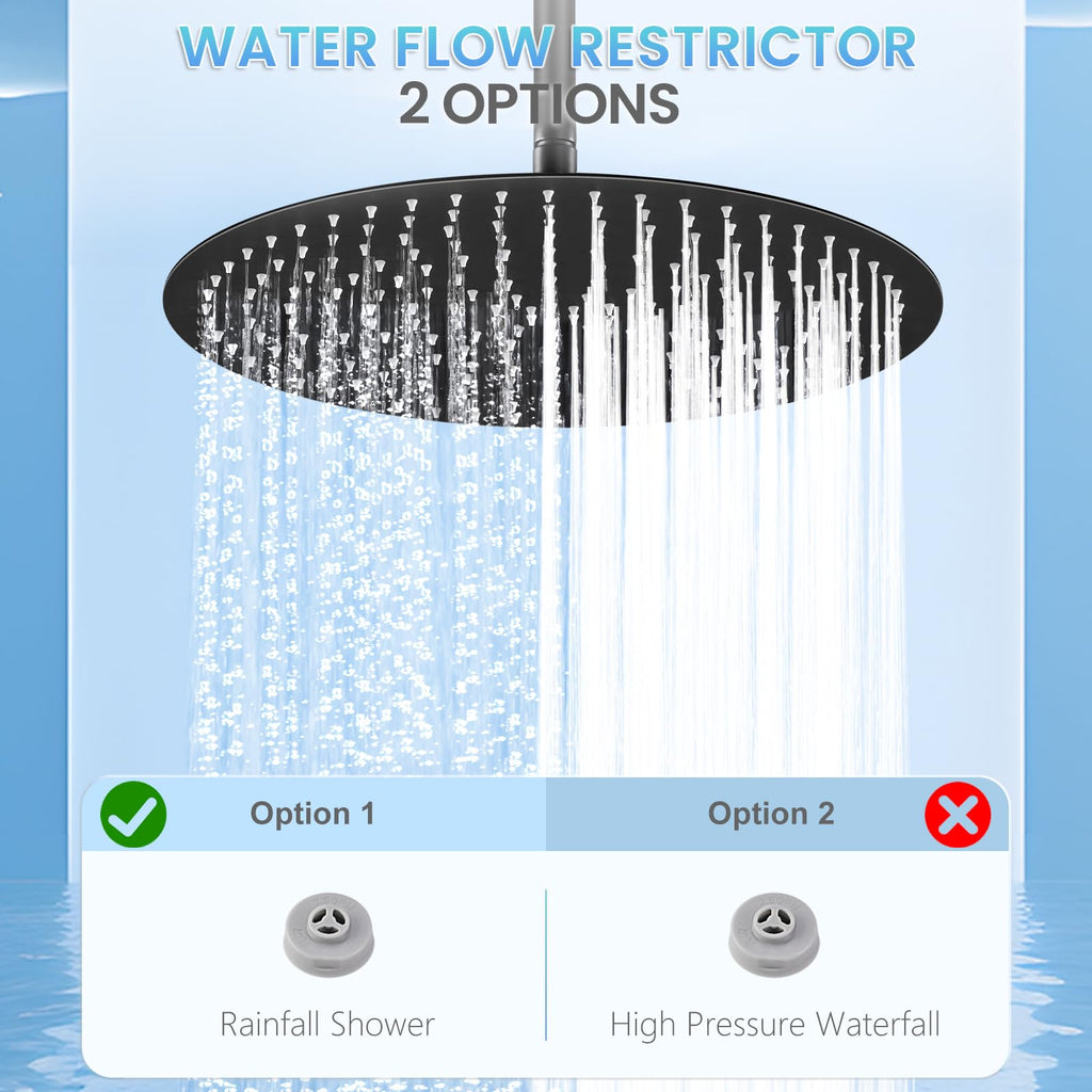 16 inch Matte Black Round Ceiling Rainfall Shower Head, All Metal Stainless Steel 304, Full Body Rainfall Shower with