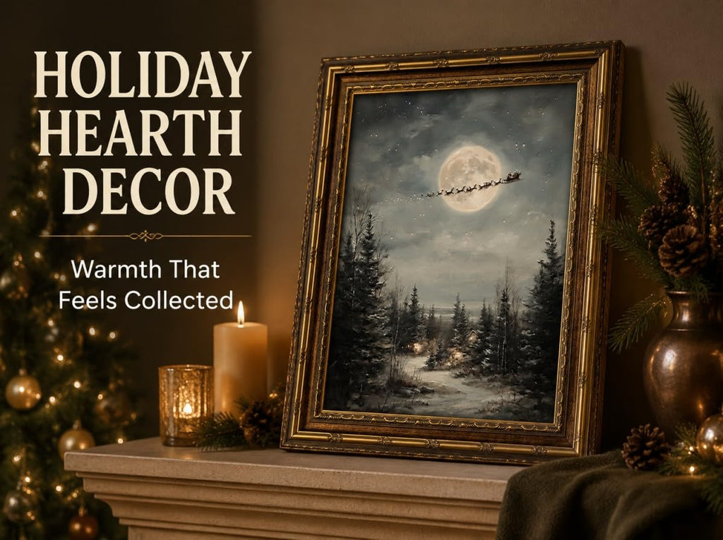 Vintage Santa Sleigh Framed Wall Art Antique Christmas Night Full Moon Snowy Winter Forest Farmhouse Holiday Wall